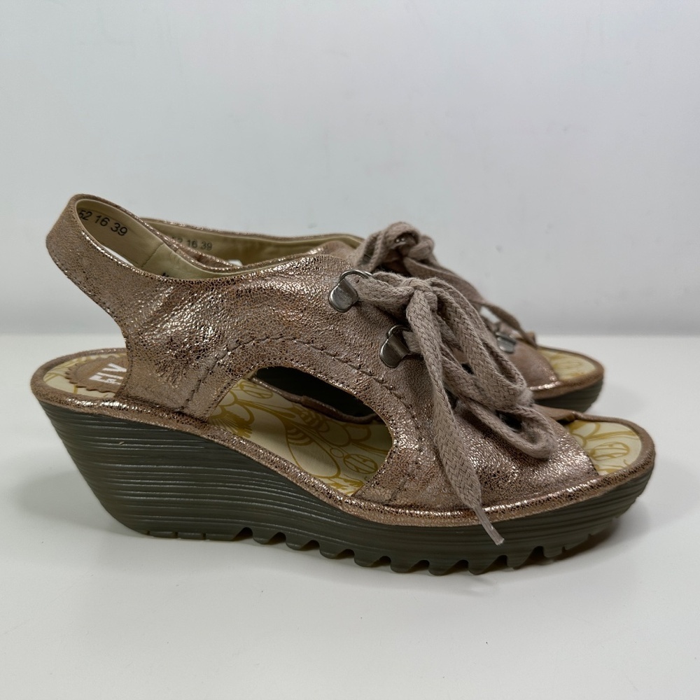 Fly London YLFA Wedge Sandals Metallic Leather Tan Beige Pearl Lace Open Toe 39